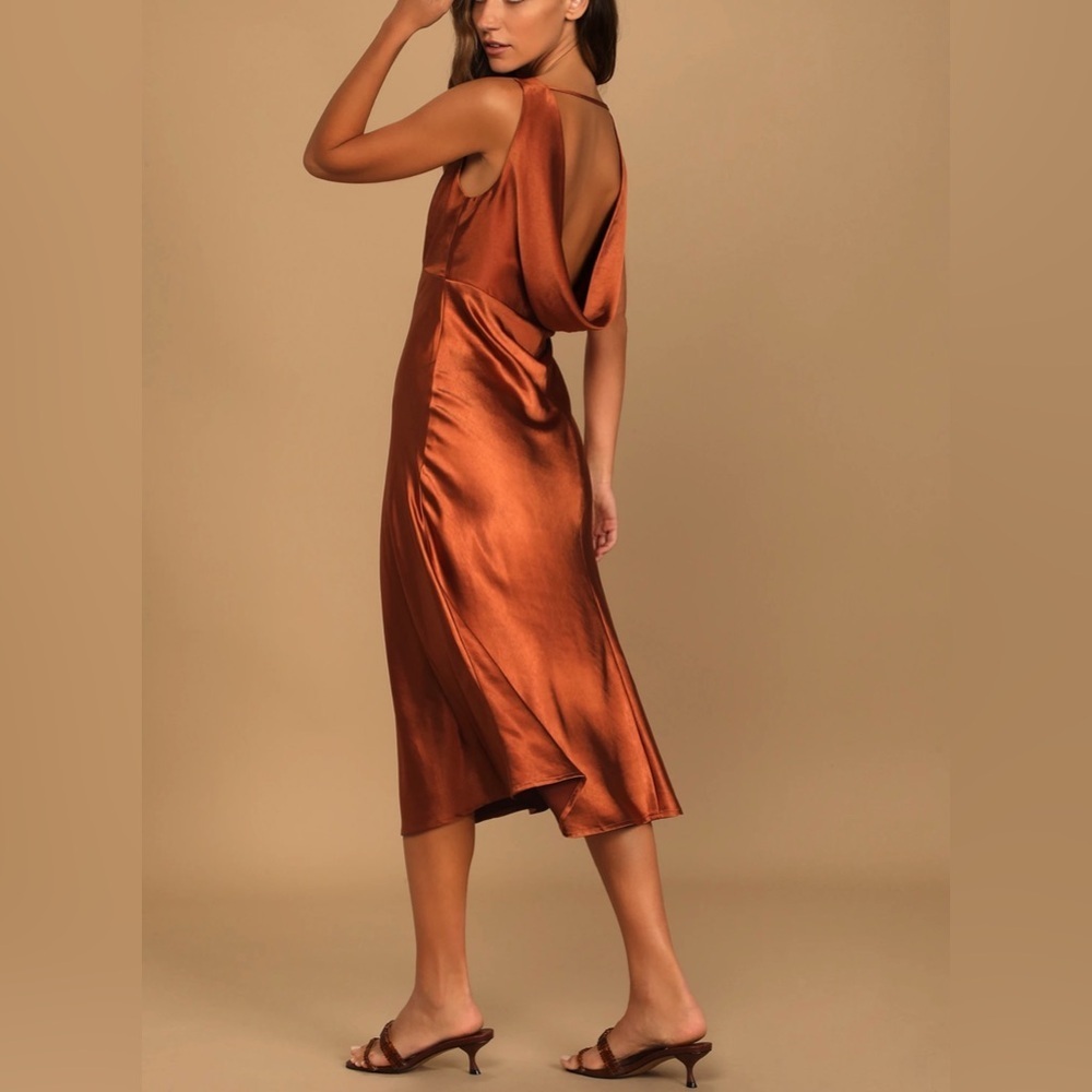 Lulus Incredible Love Brown Satin Cowl Back Midi Slip Dress Party Wedding Formal
